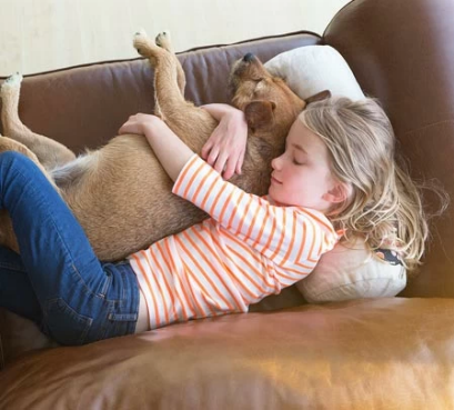 a young girl sleeps on a leather couch with her dog